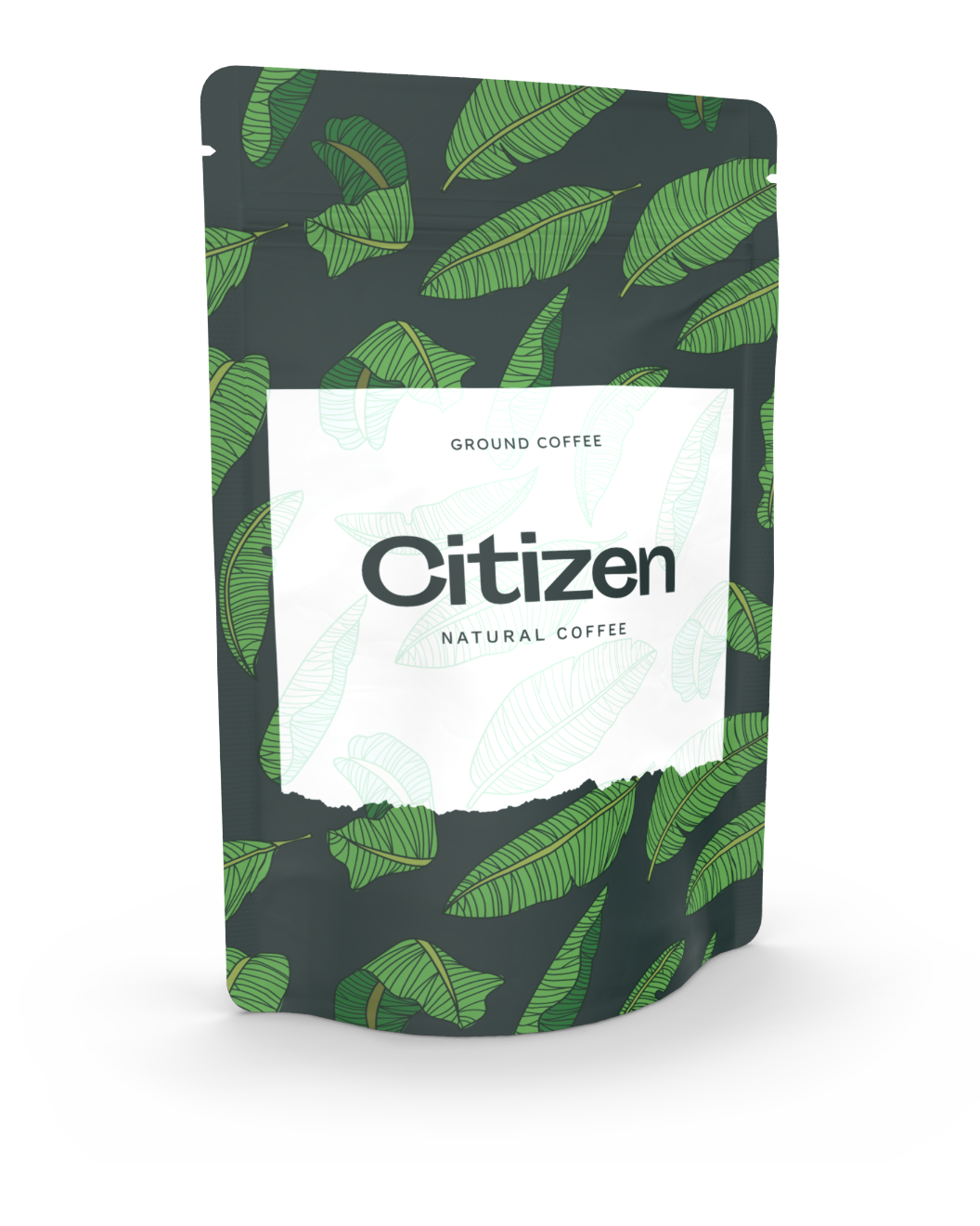 Stand-up pouch as coffee packaging in black with green leaves and white label