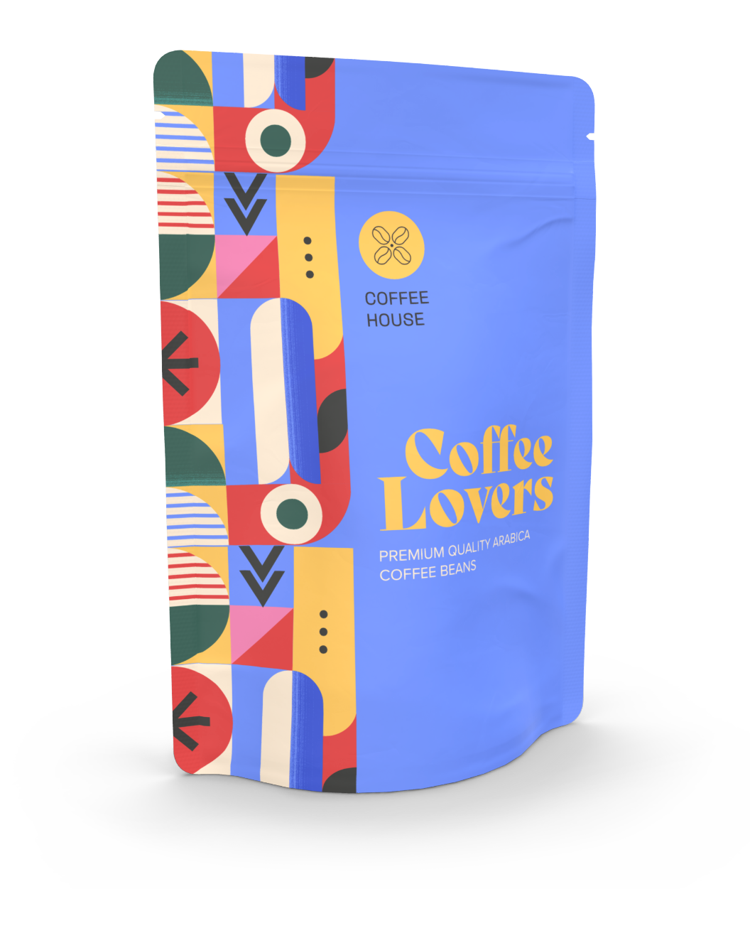 Stand-up pouches as coffee packaging in blue with one coloured side