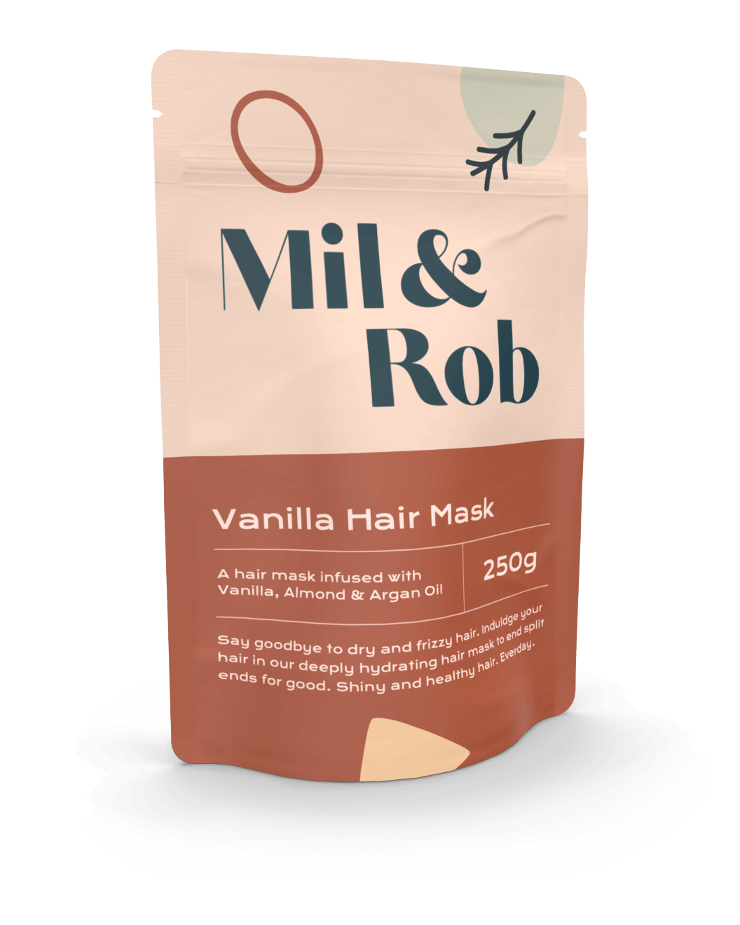 Stand-up pouch as cosmetics packaging in light orange and red for a hair mask