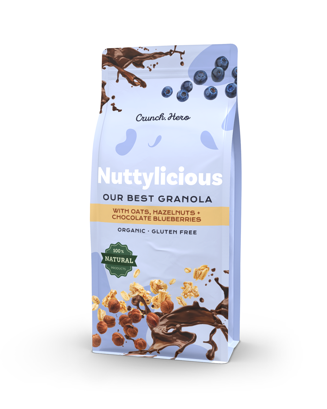 Blockbodenbeutel als Lebensmittelverpackung in hell blau für Granola