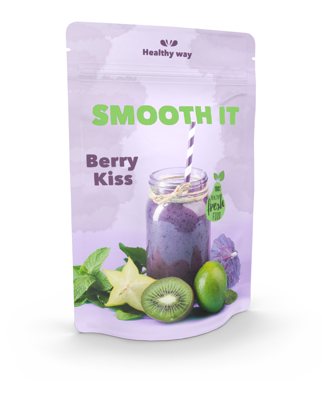 Standbodenbeutel als Lebensmittelverpackung in lila für Beerensmoothie