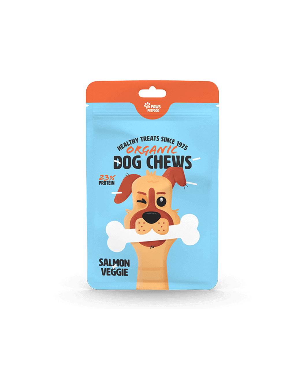 Flat pouches as pet food packaging in blue with an animated dog