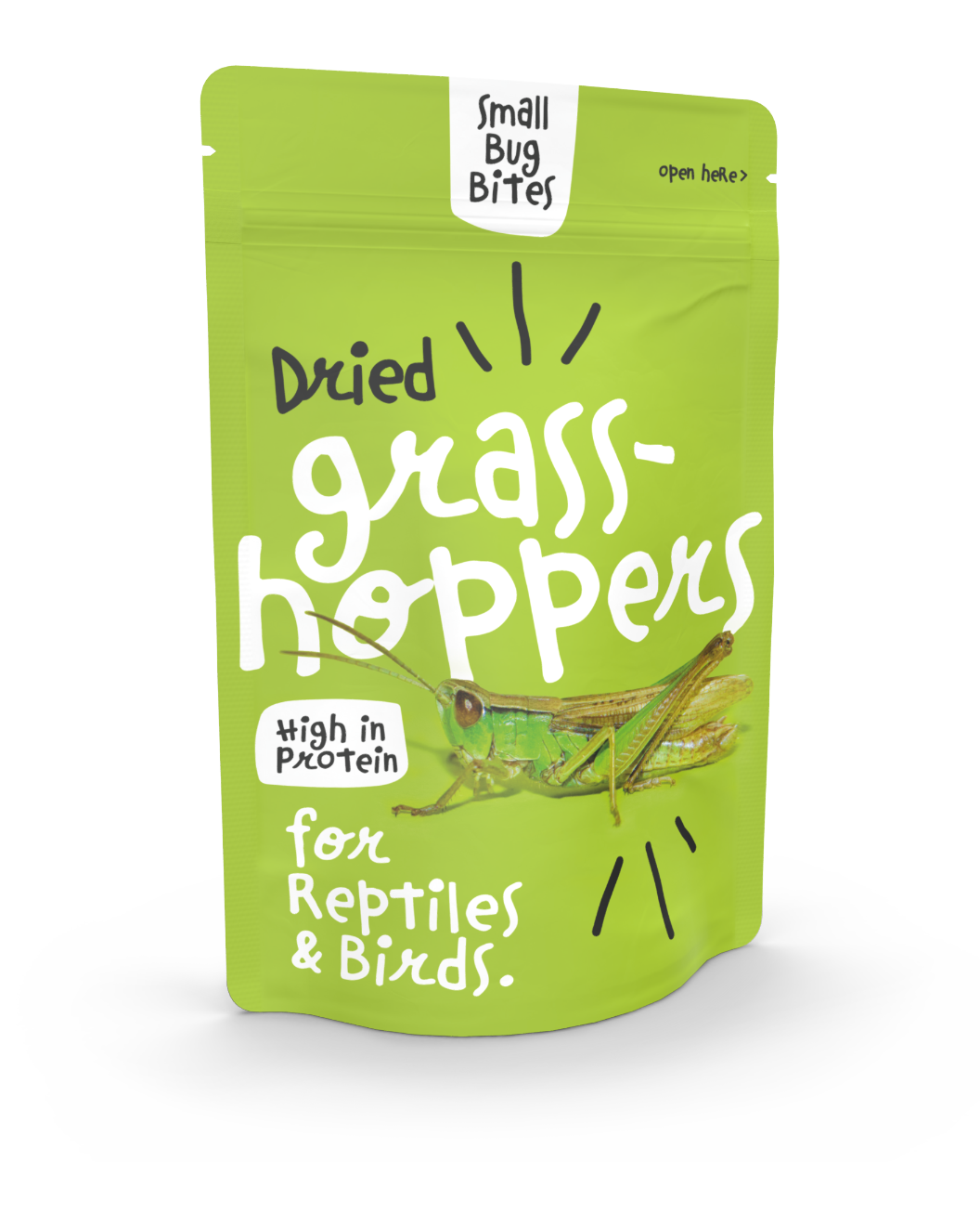 Stand-up pouch as pet food packaging in green with a grasshopper