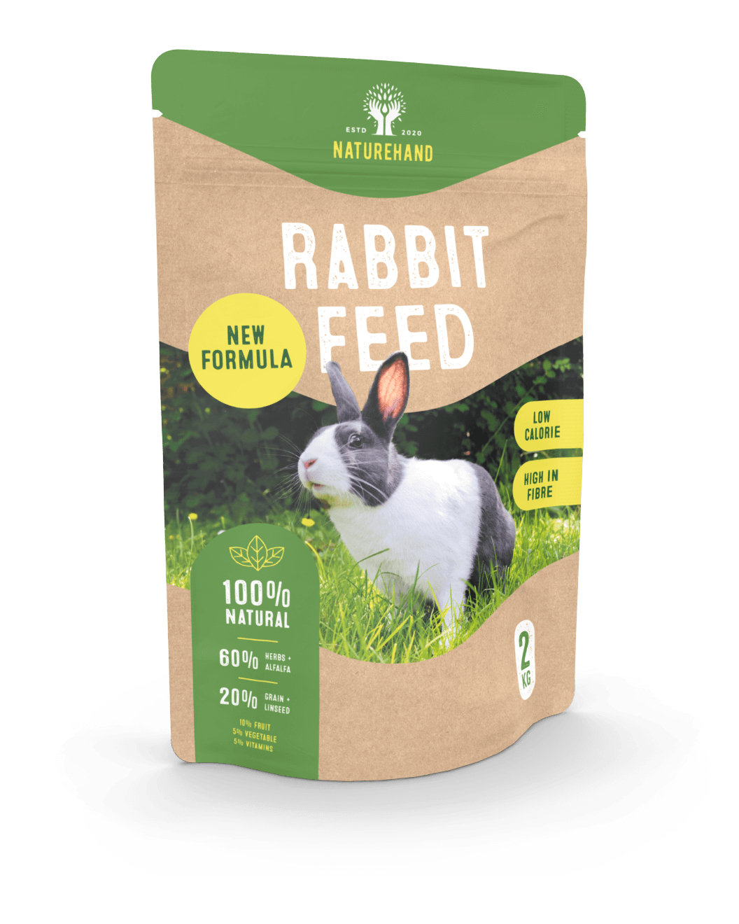 Stand-up pouch as pet food packaging with a kraft paper look and a rabbit