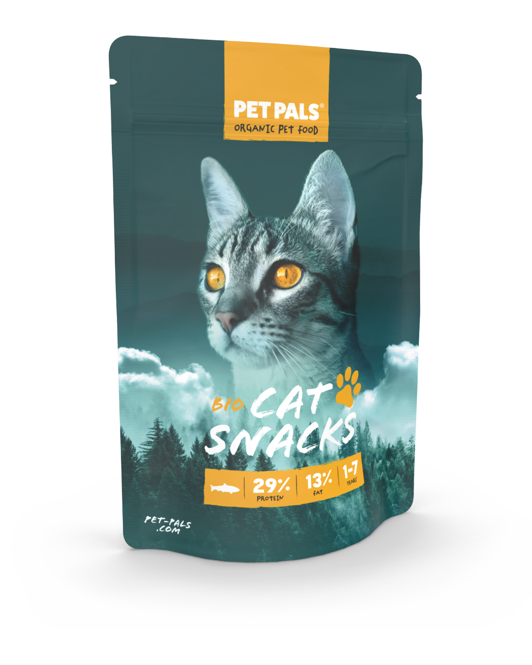 Stand-up pouch as pet food packaging in dark green and with a cat
