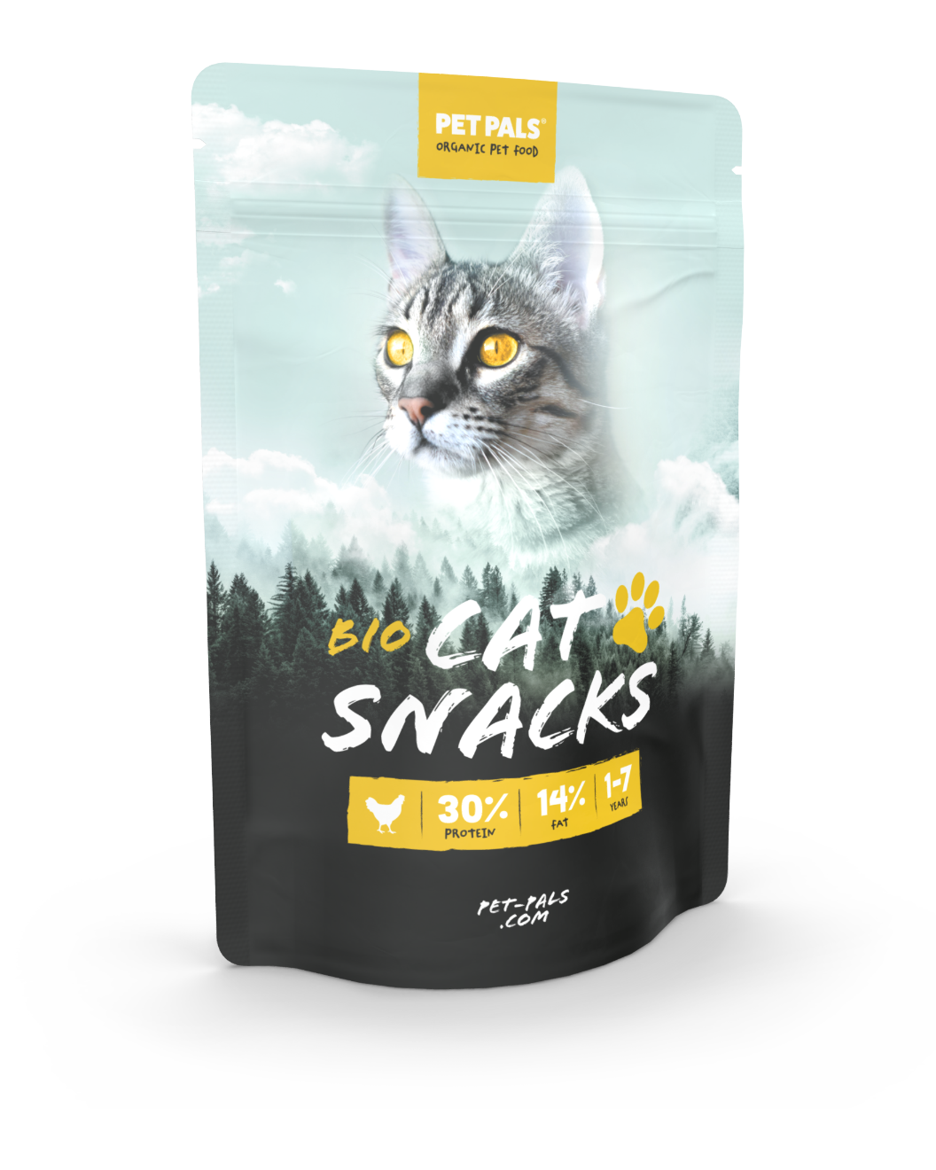 Stand-up pouch as pet food packaging in light blue and black with a cat motif