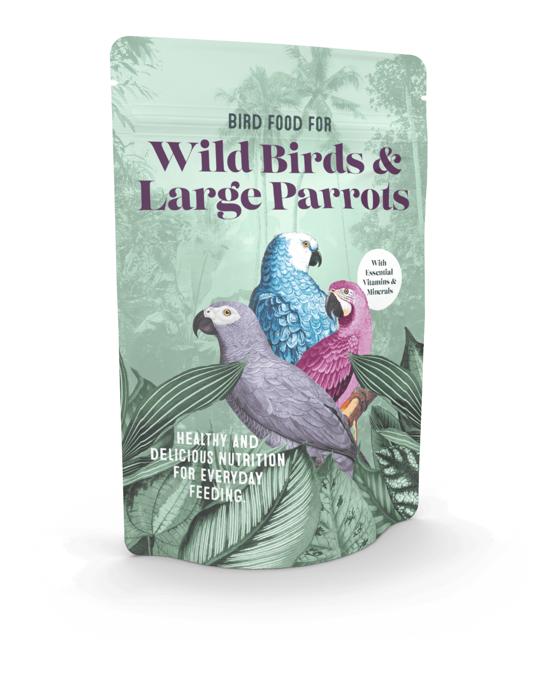 Stand-up pouch as pet food packaging in light green and with colourful parrots