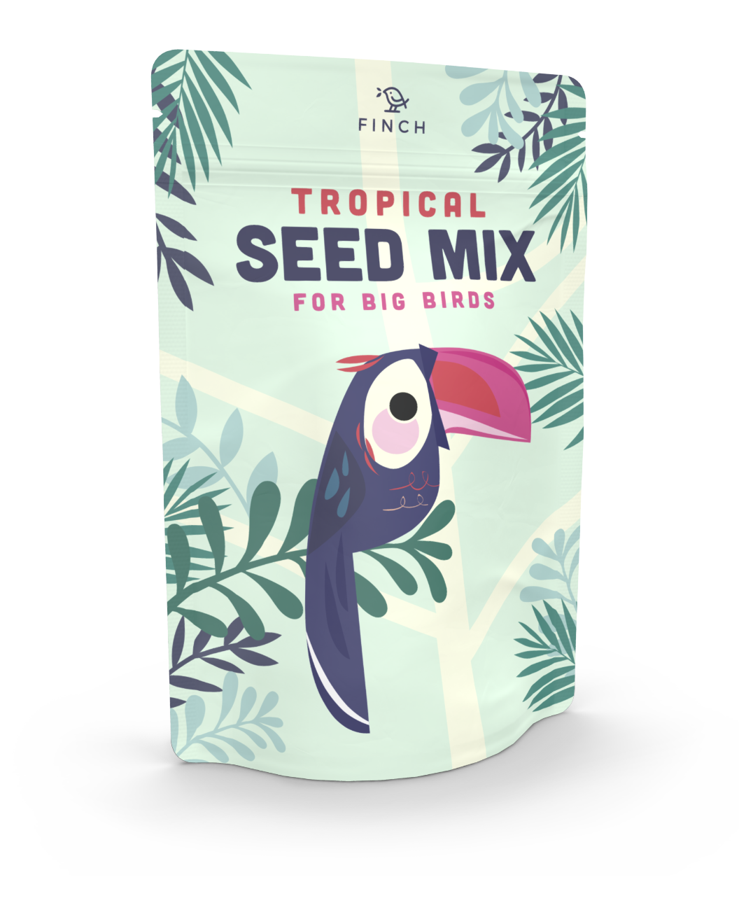 Stand-up pouch as pet food packaging in light green with a toucan motif