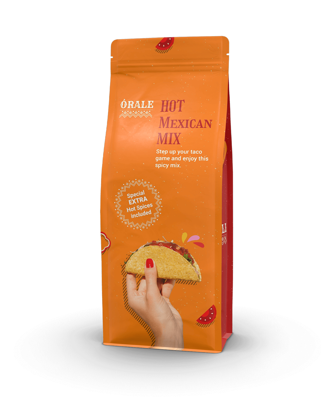 Flat bottom pouch as spice packaging in orange for a Mexican spice mix