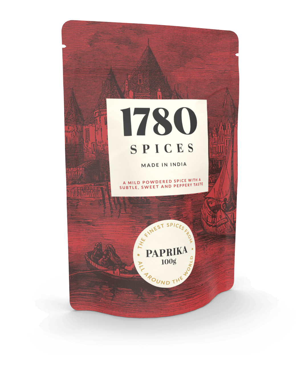 Stand-up pouch as spice packaging in red for a paprika spice mix