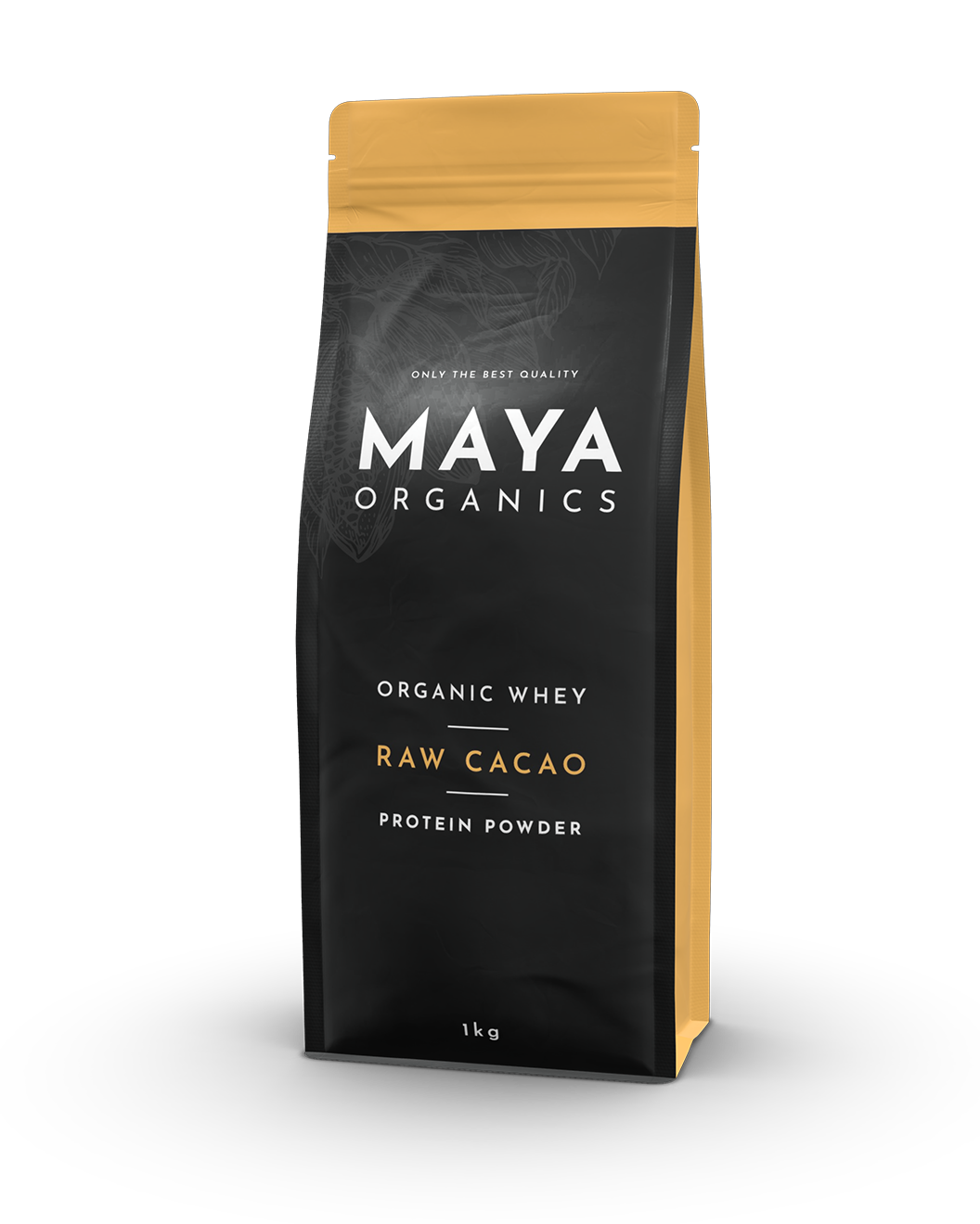 Flat bottom pouch as packaging for supplements in black and gold for protein powder with cocoa flavour