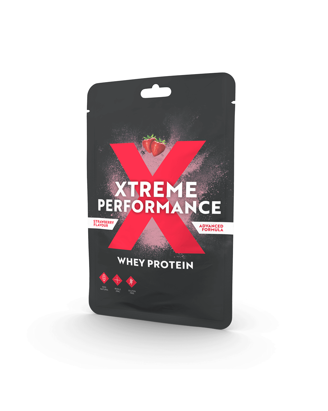Flat pouch as packaging for supplements in black and red for protein powder