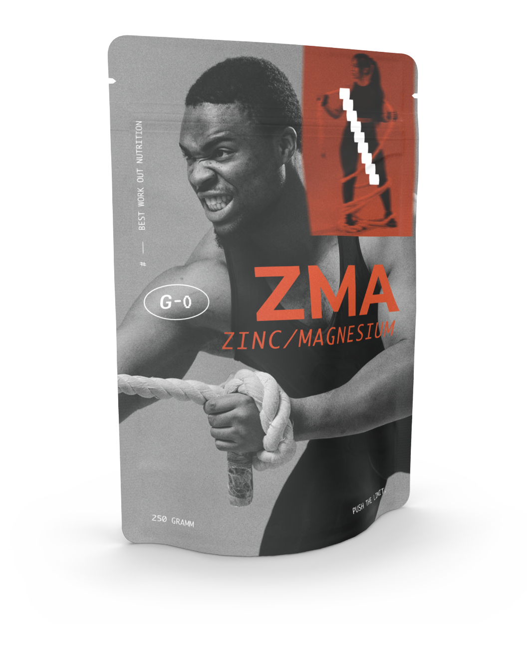 Stand-up pouch as packaging for supplements with an athlete as a motif for magnesium