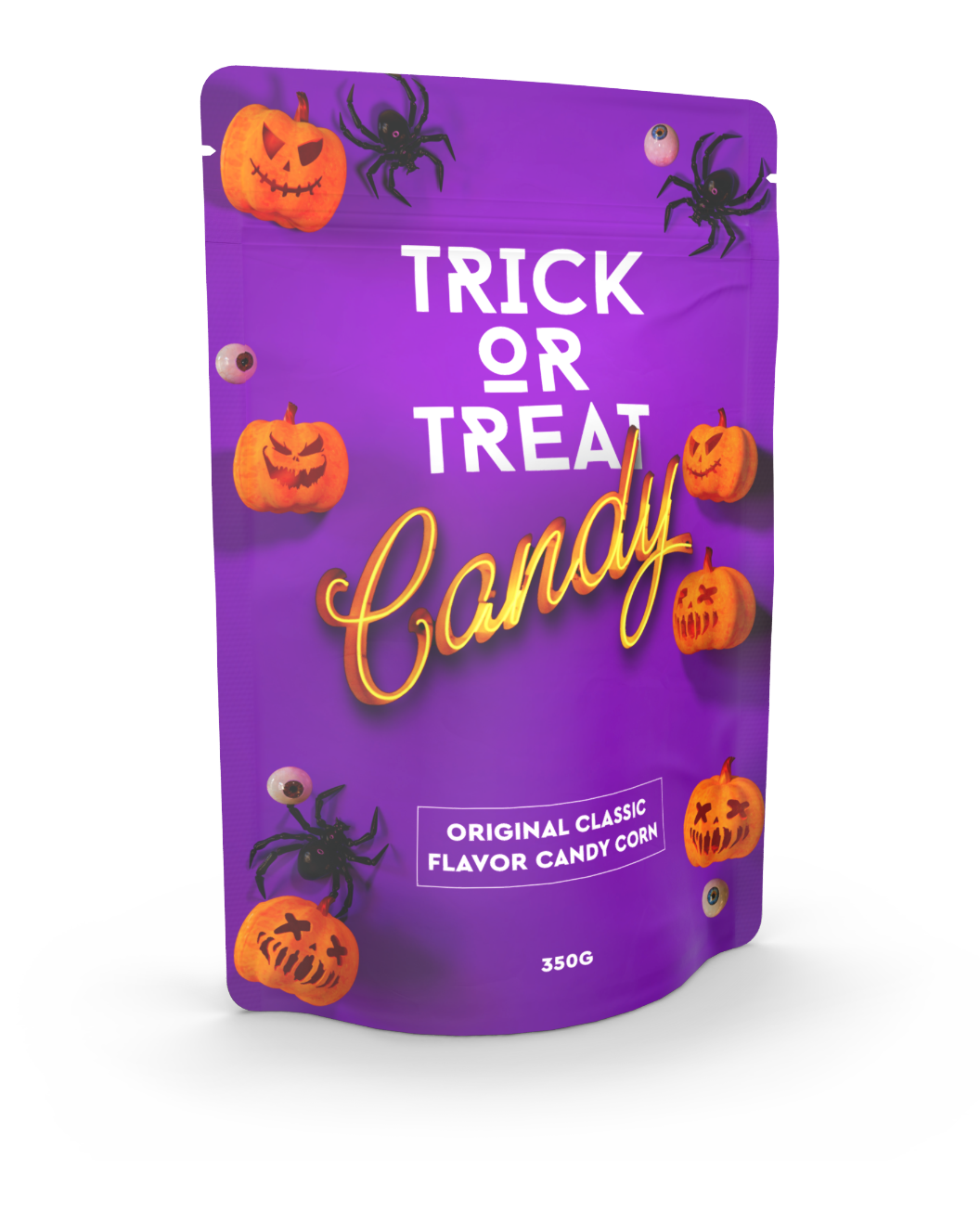 Standbodenbeutel als Süßigkeitenverpackung in lila mit einem Halloween Motiv für Candy Corn