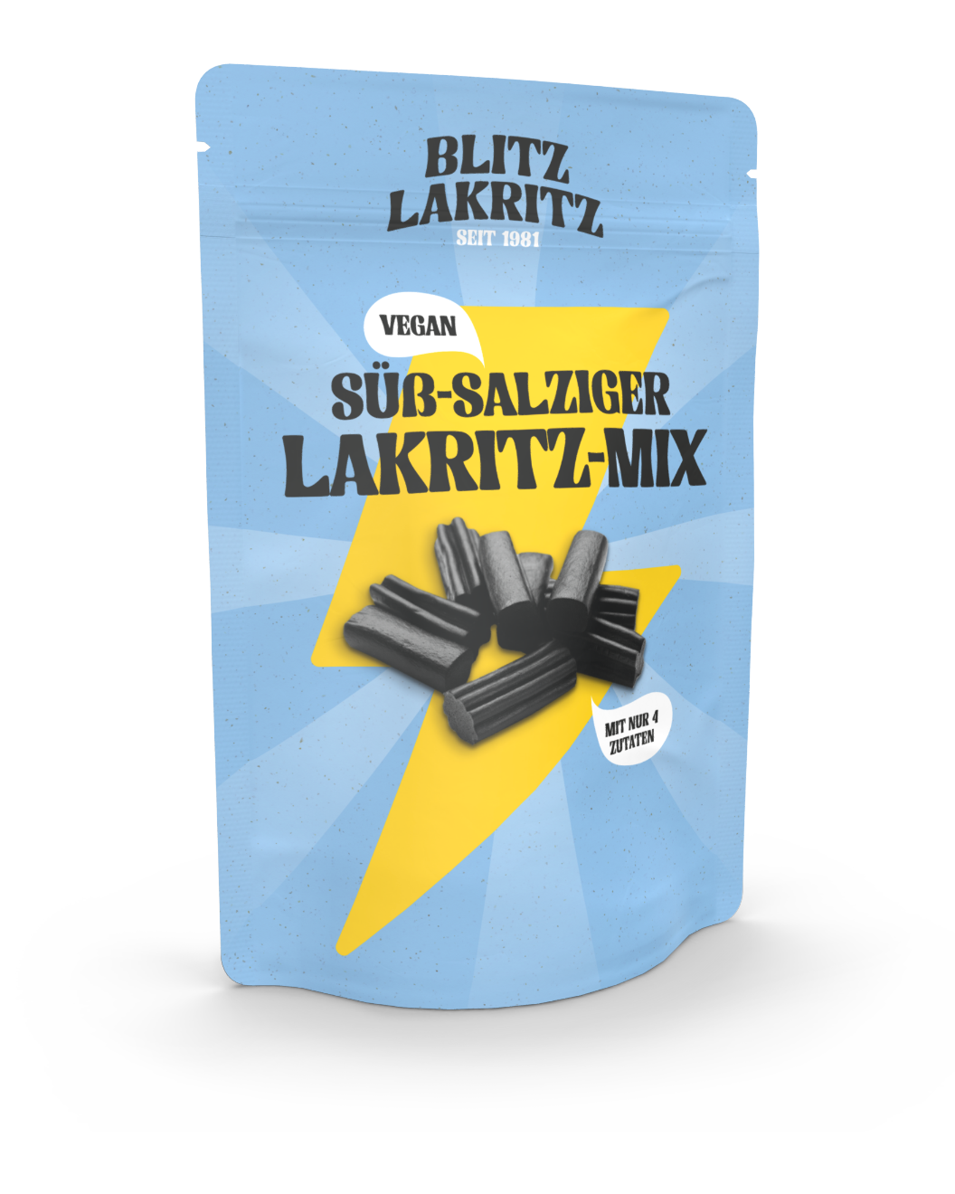 Standbodenbeutel als Süßigkeitenverpackung in blau für Lakritz