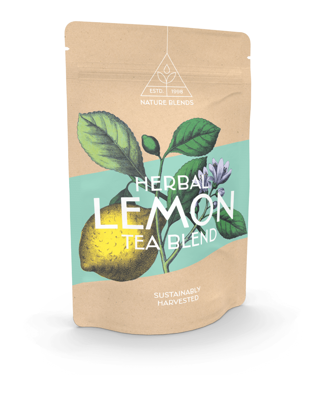 Stand-up pouch as tea packaging in brown for a lemon tea blend