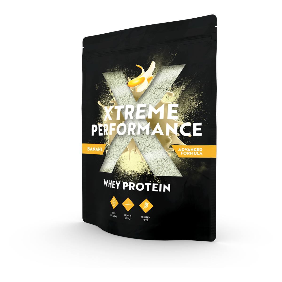 Standbodenbeutel mit Sichtfenster als Verpackung für Proteinpulver in schwarz