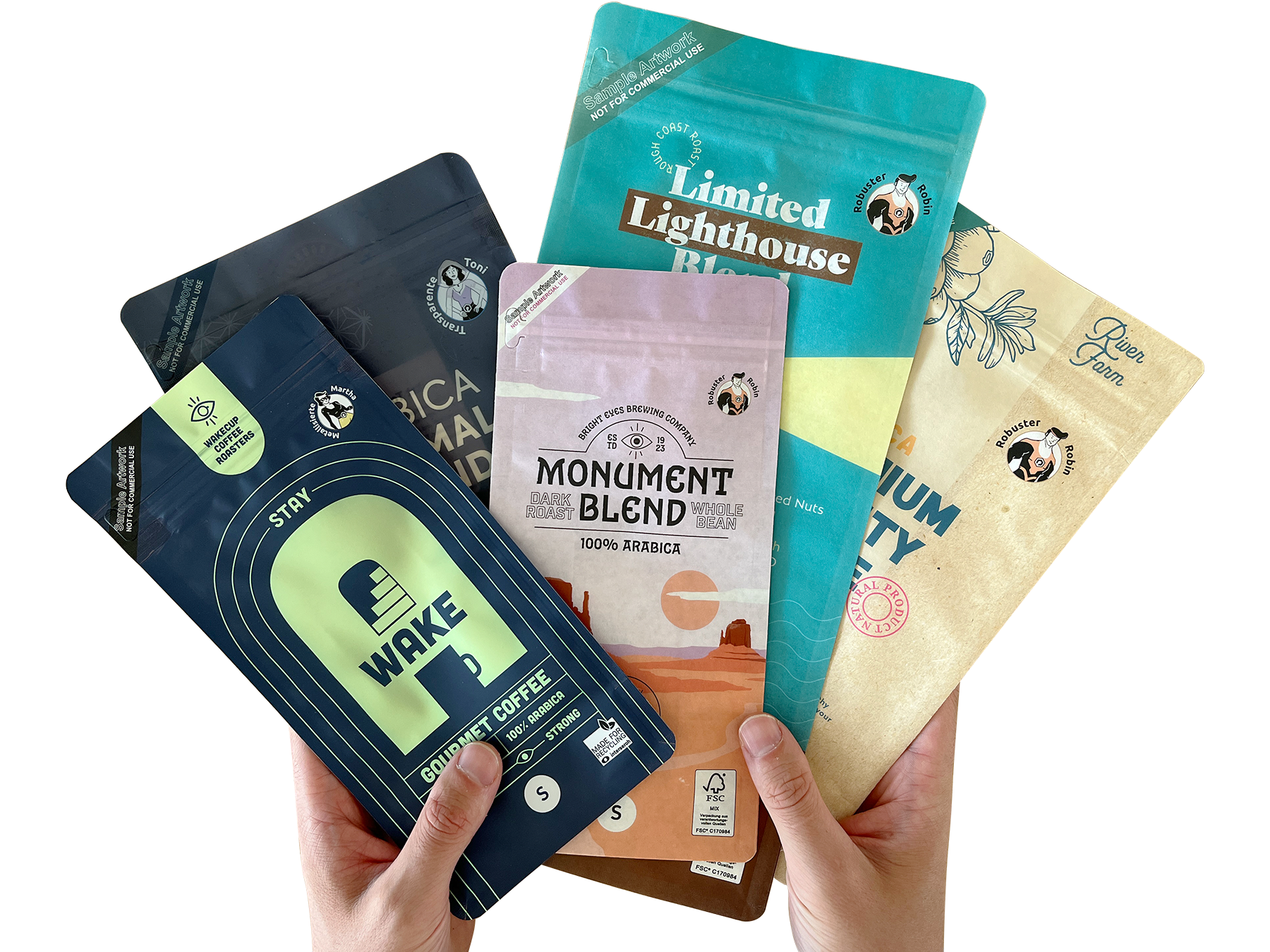 Samples for coffee packaging from Packiro