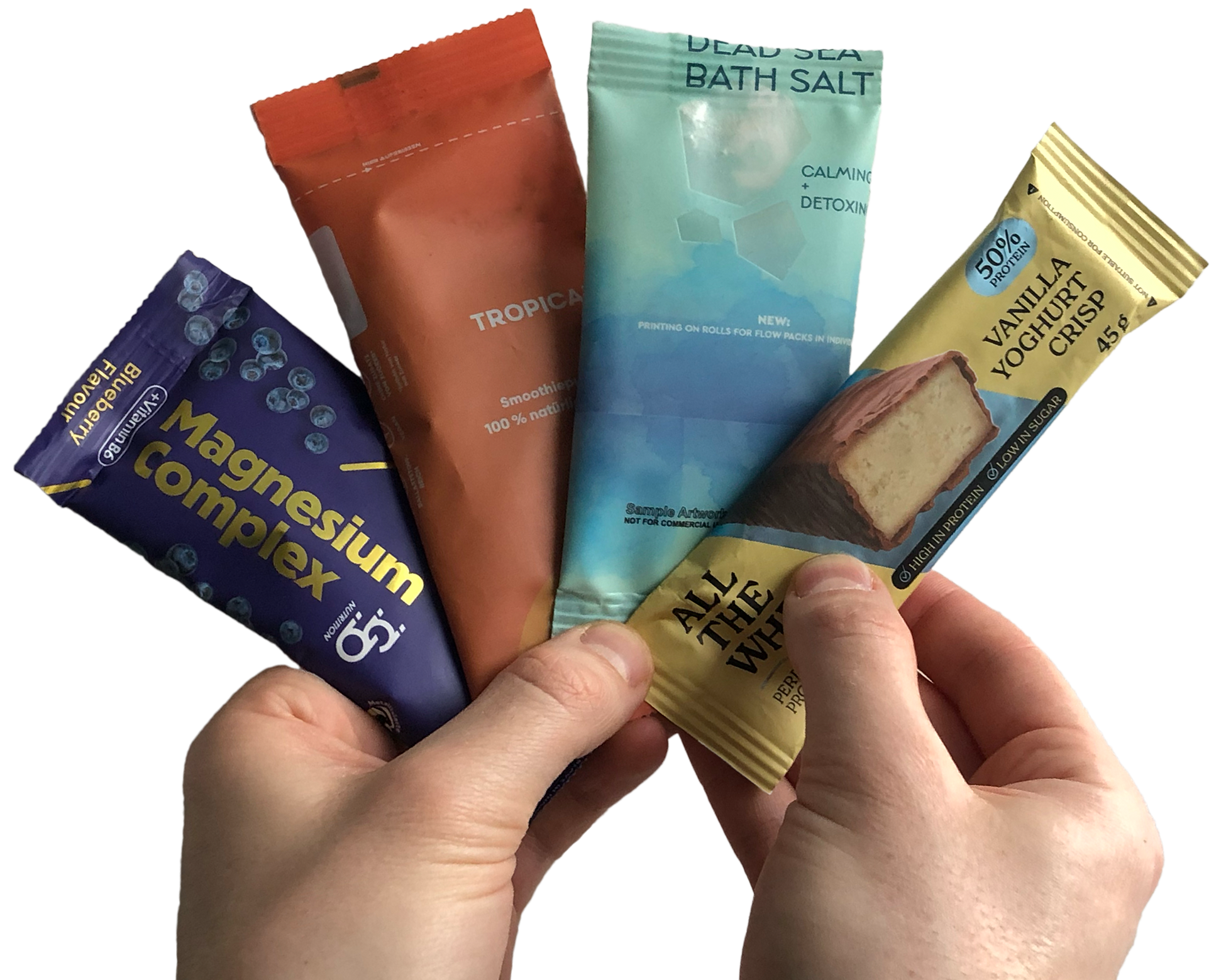 Hand holding four different flowpacks