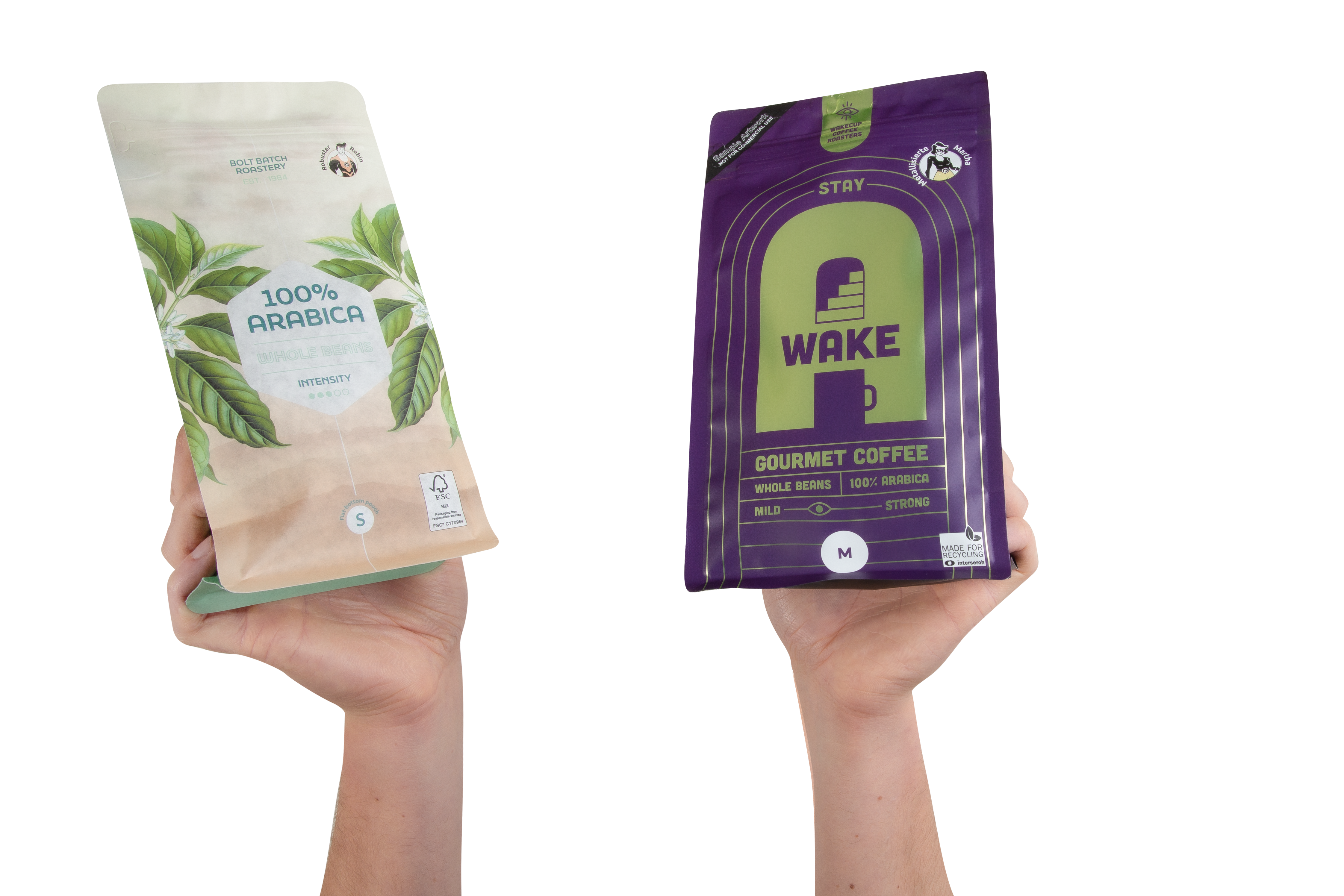 Zwei Blockbodenbeutel die hochgehalten werden