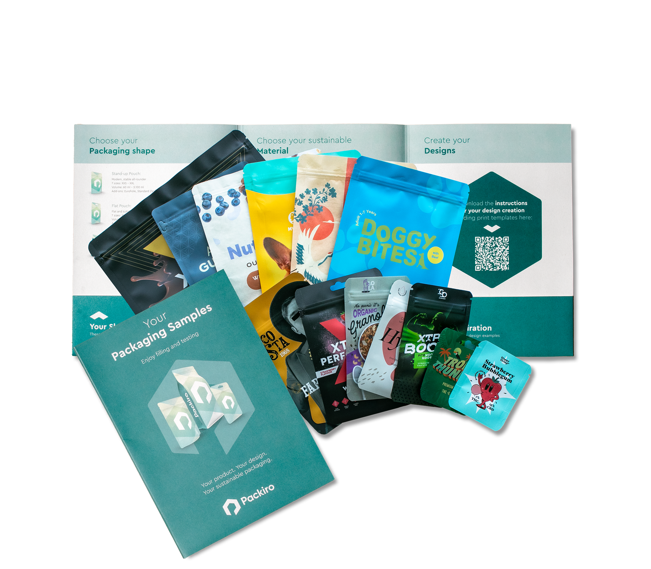 One open and one closed folder containing Packiro test packaging with printed samples scattered.