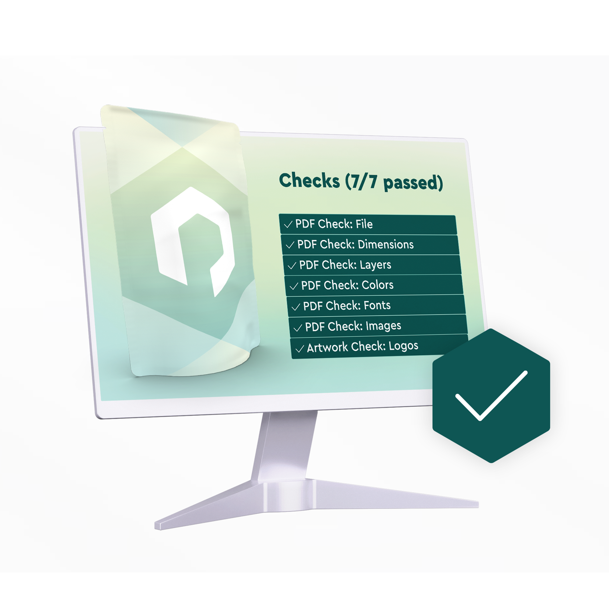 Bildschirm mit einem Standbodenbeutel und dem digitalen Designcheck von Packiro