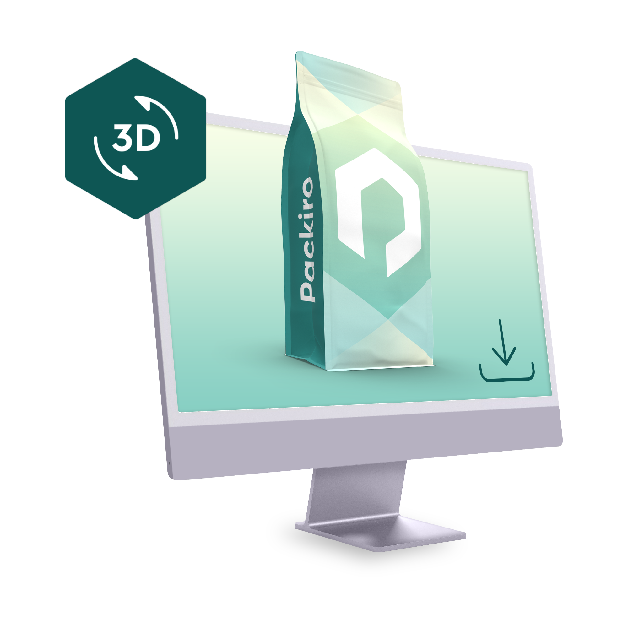 Flat bottom pouch in 3D on a flat screen monitor