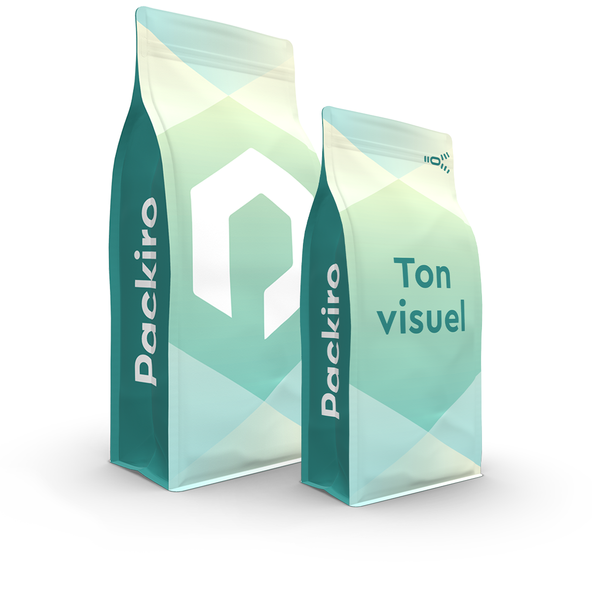 2 sachet fond plat de Packiro imprimés avec le slogan "Ton visuel"