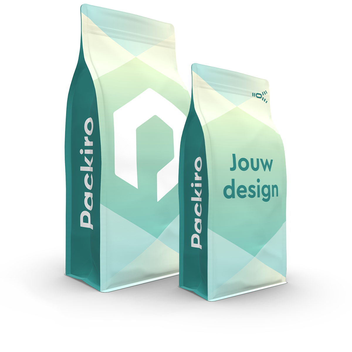 2 blokbodemzakken van Packiro bedrukt met de claim "Jouw design"