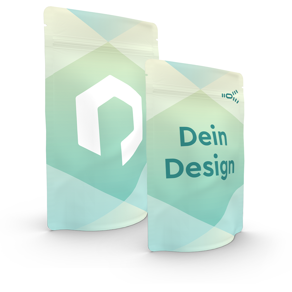 2 Standbodenbeutel von Packiro mit dem Claim "Dein Design" bedruckt
