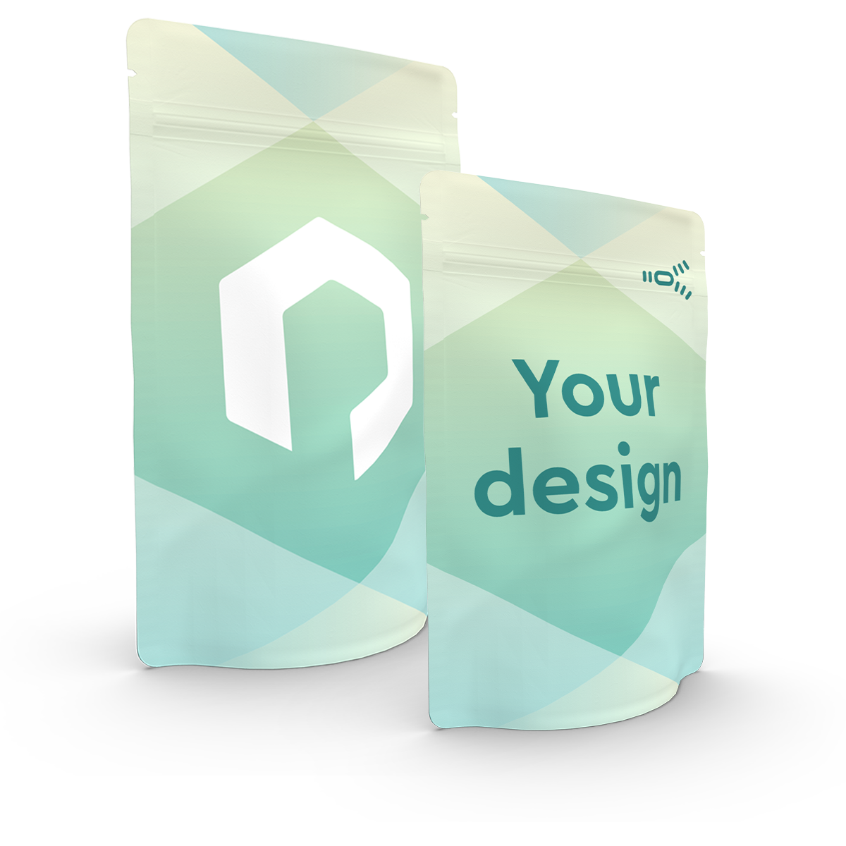 2 stand-up pouches from Packiro printed with the claim "Your design"