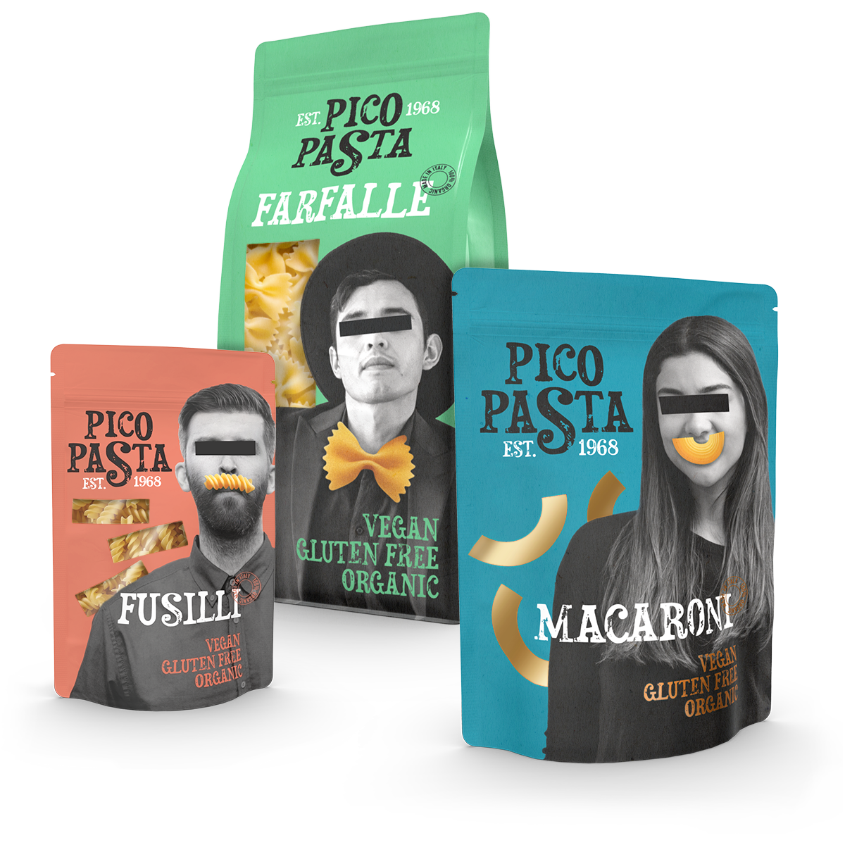 Pastaverpackungen mit Sichtfenster in rot, grün und blau