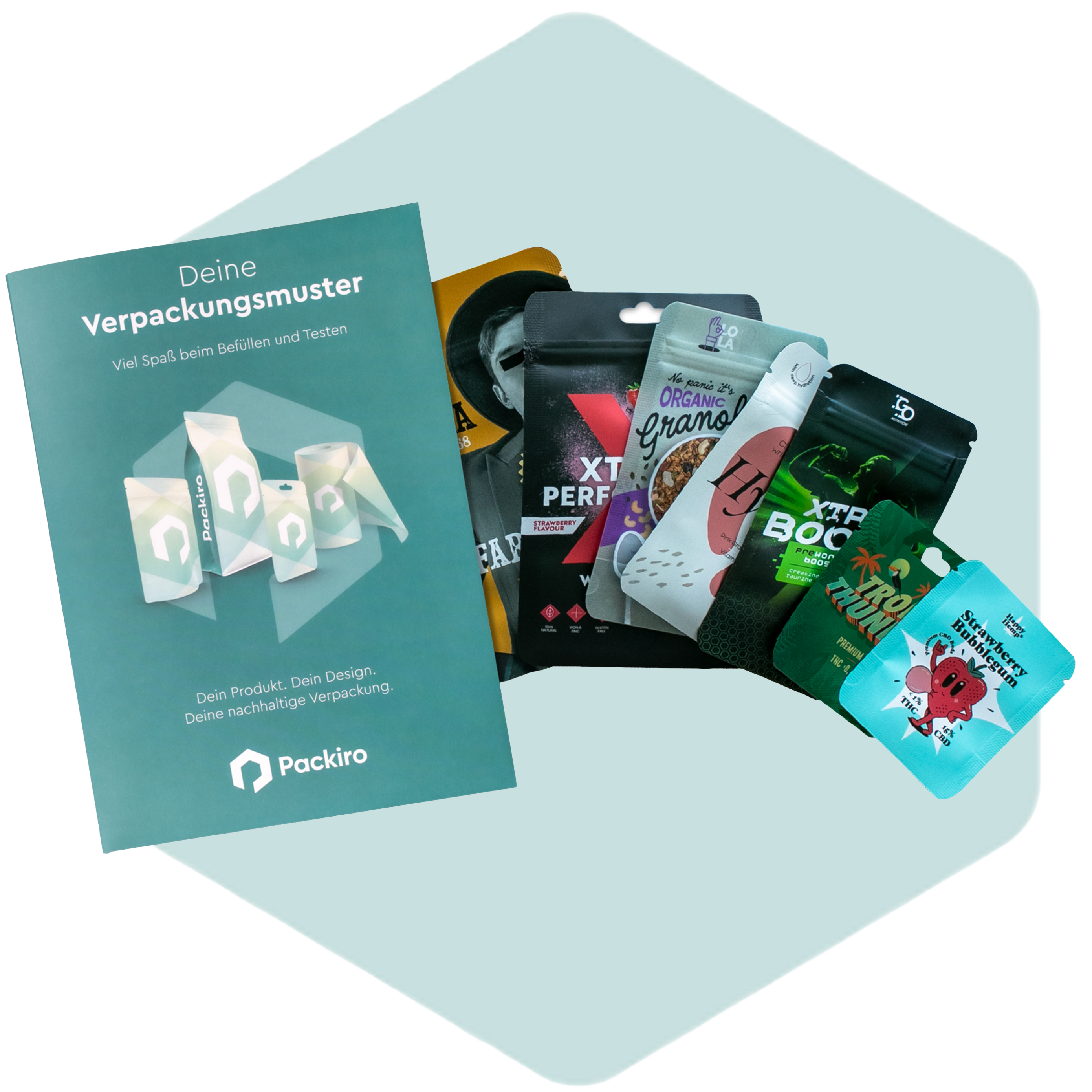 Deine Verpackungsmuster Mappe von Packiro, neben der aufgefächert verschiedene bedruckte Musterverpackungen liegen.