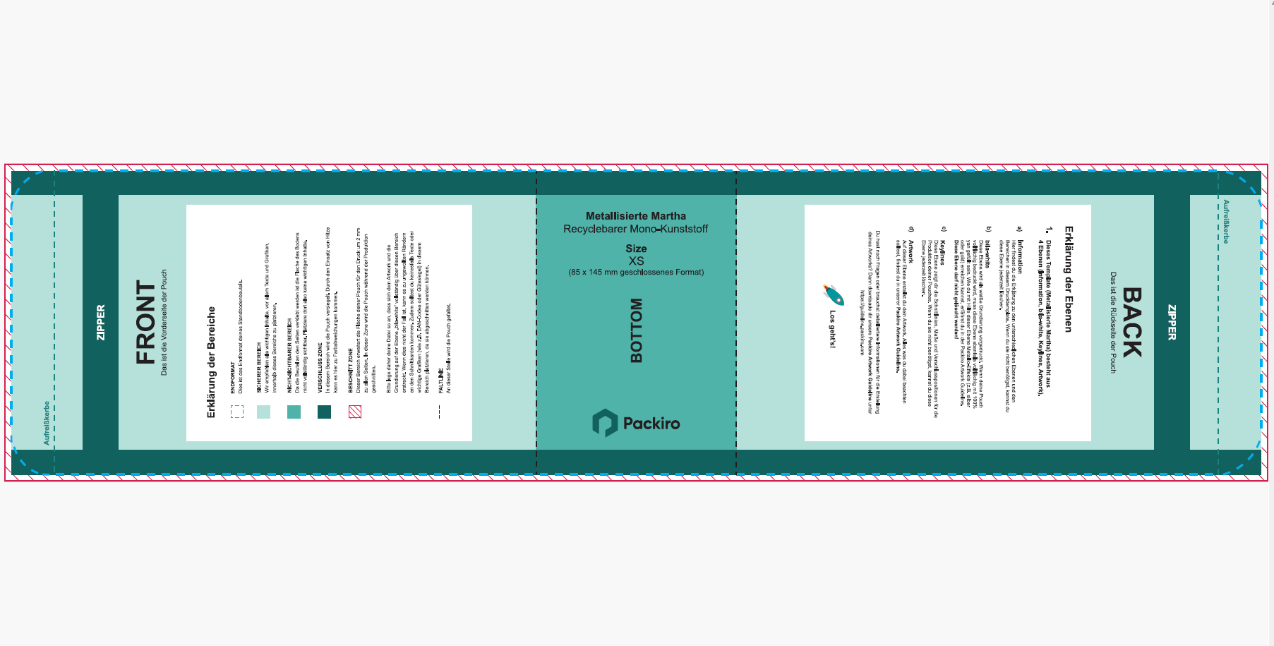 Example of a printing template of a standup pouch from Packiro