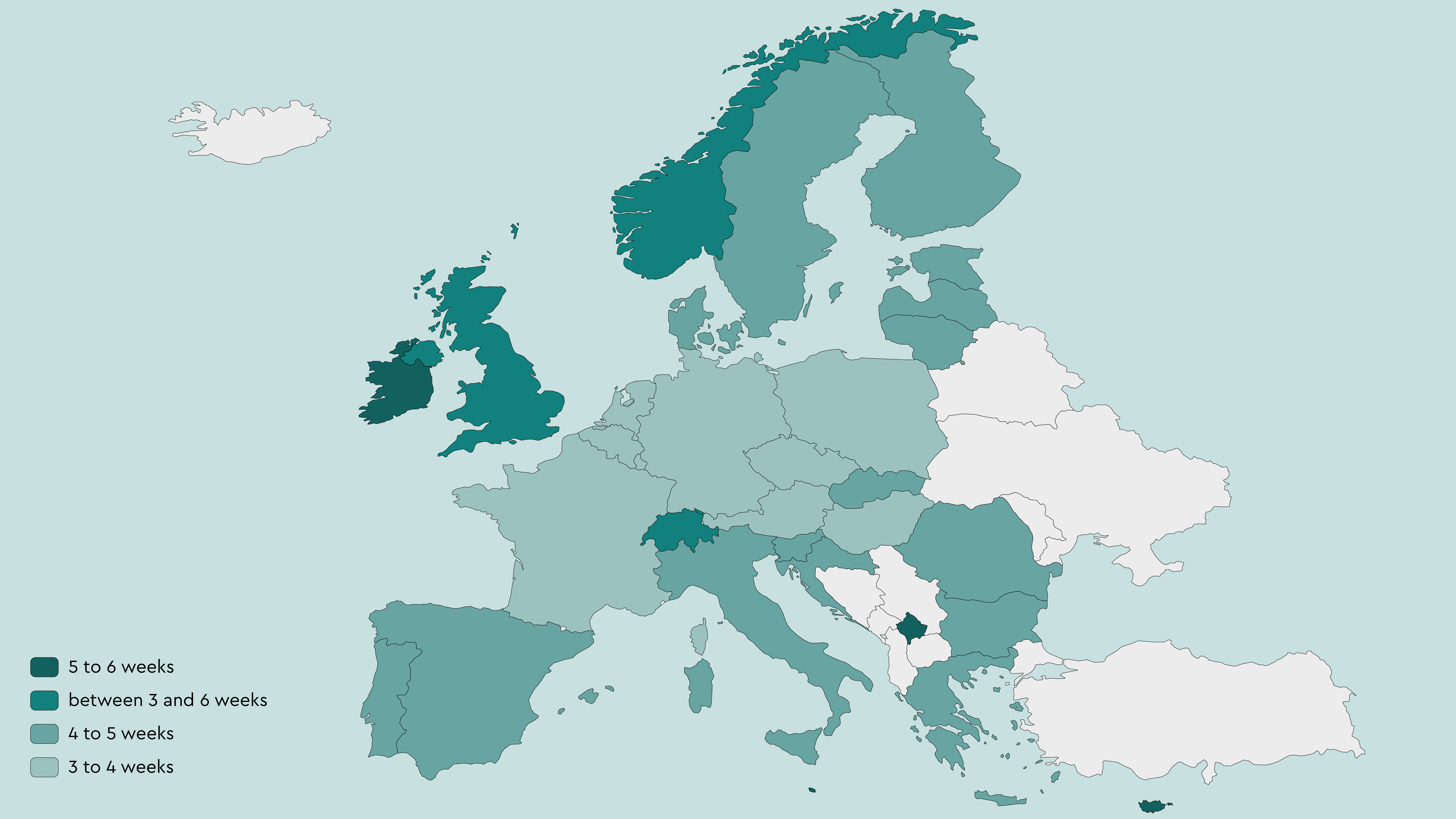 Map of Europe coloured in various shades of green visualising the delivery time of 3-4 or 5-6 weeks depending on the country.
