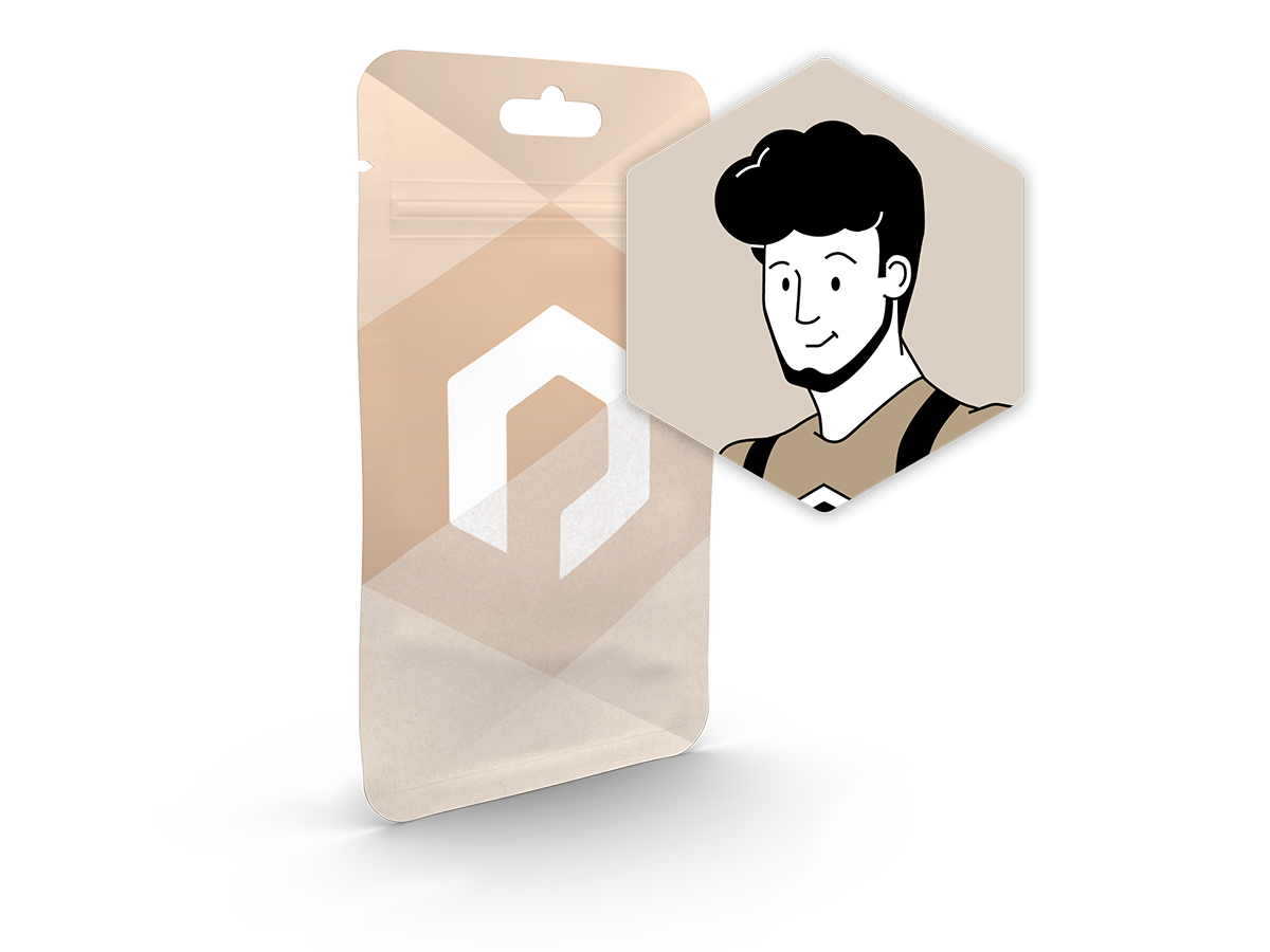 Bioverpackung als Flachbeutel im braunen Packiro Design mit Ben Icon