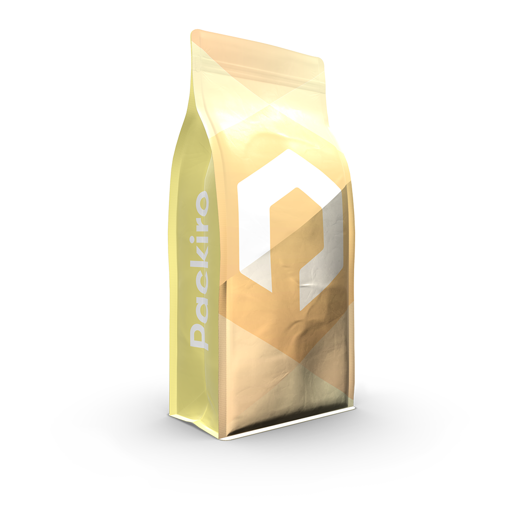 Metallisierte Verpackung als Blockbodenbeutel in gelben Packiro Design