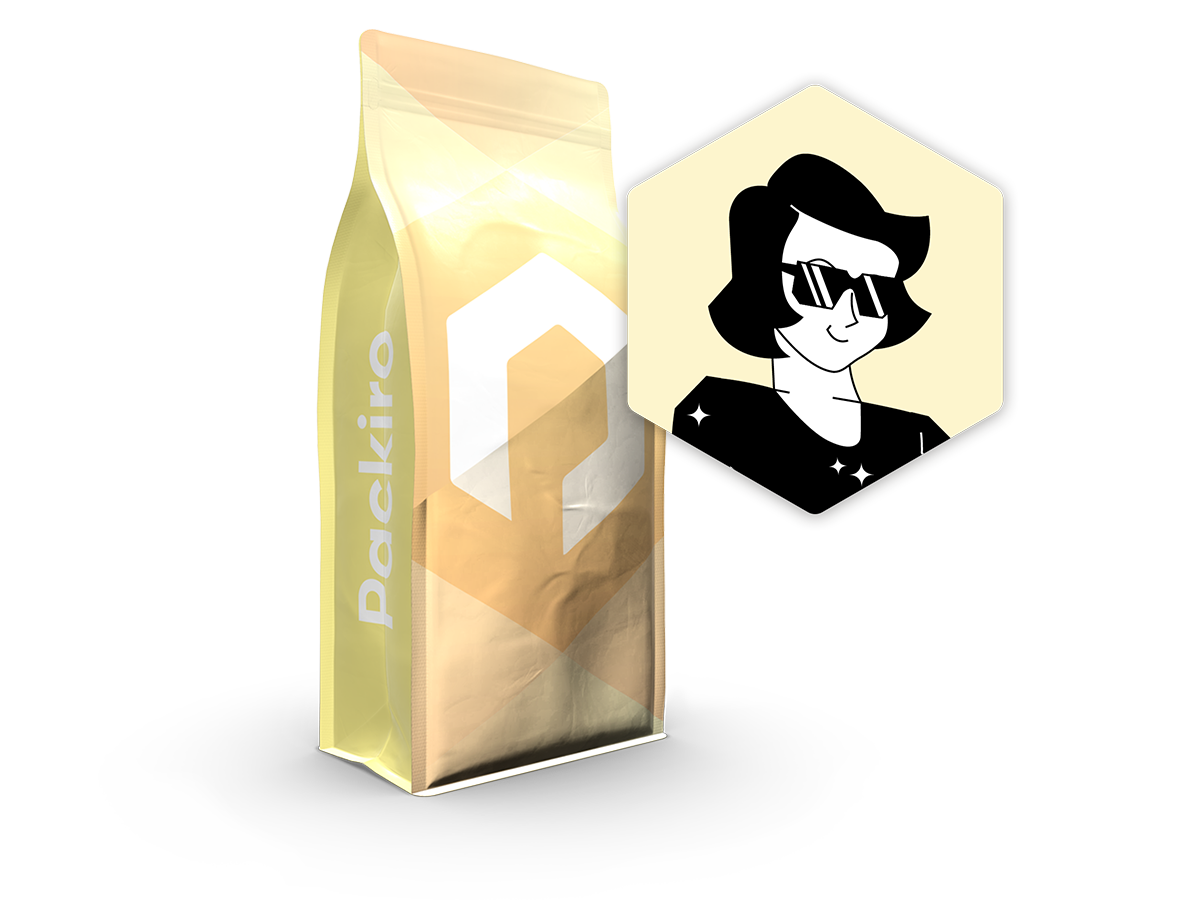 Metallised packaging as a Flat bottom pouch in yellow Packiro design with Martha icon