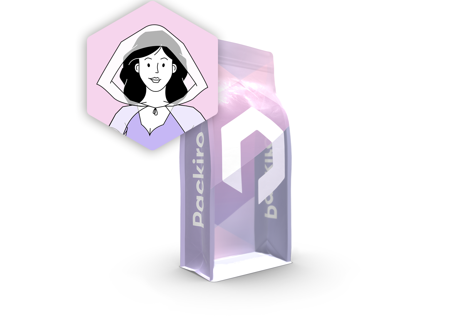 Transparente Verpackung als Blockbodenbeutel mit Toni Icon im lila Packiro Design