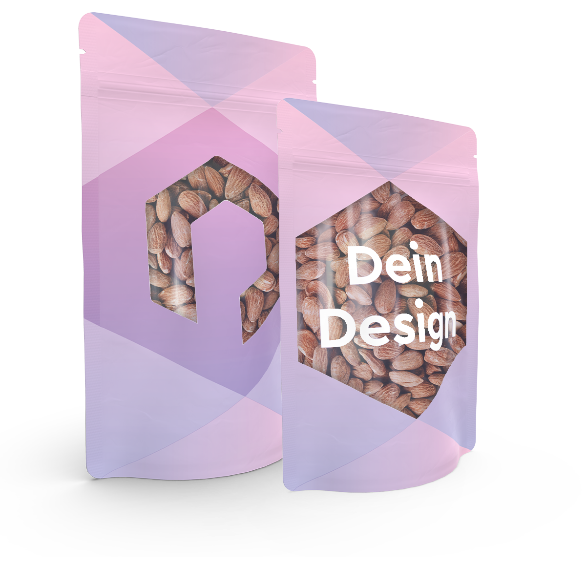Zwei transparente Verpackungen als Standbodenbeutel mit Nüssen gefüllt im lila Packiro Design