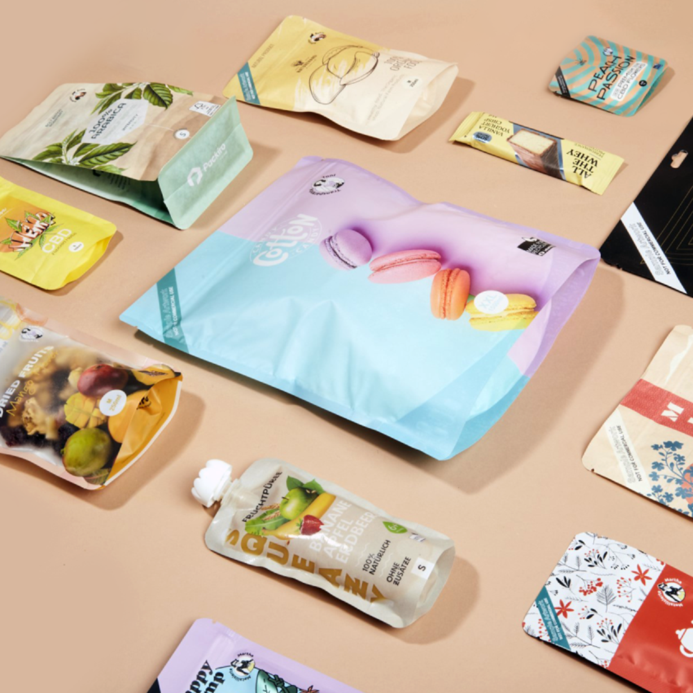 Colourful pouch packaging made from sustainable materials