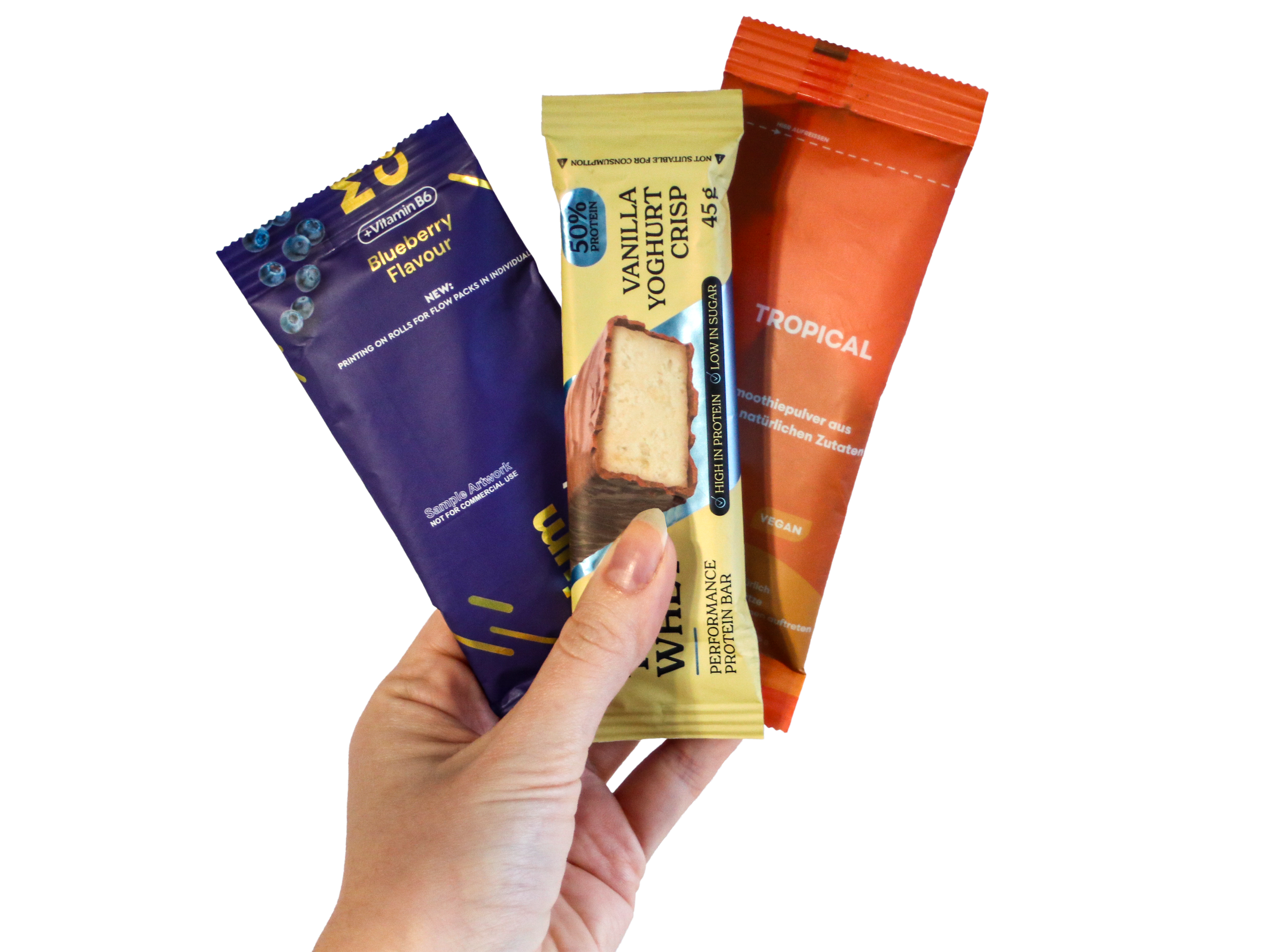 Flowpacks for bars and powder in different designs in one hand