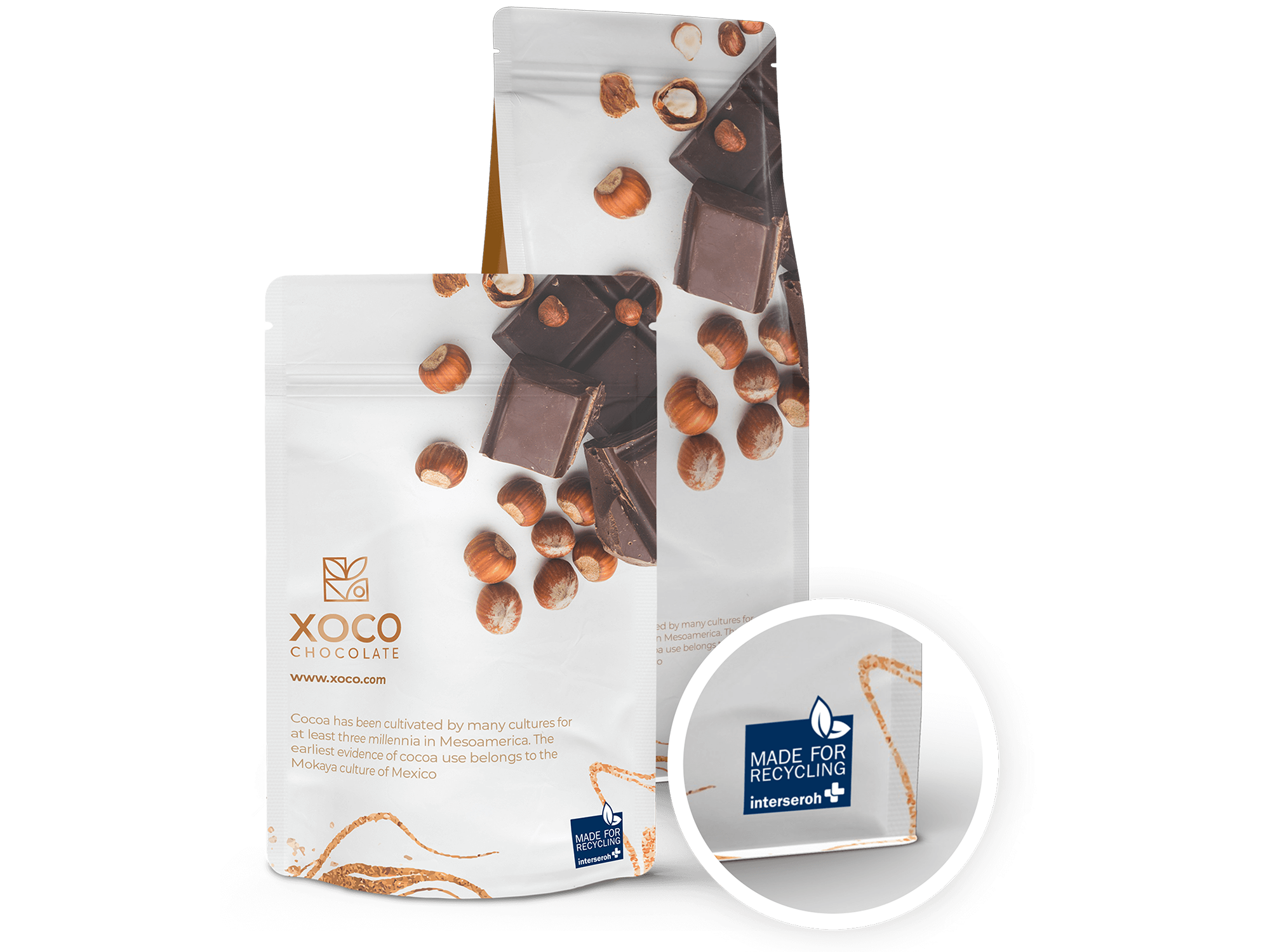 Stand-up pouches and Flat bottom pouches as white sweets packaging with a Made for Recycling seal