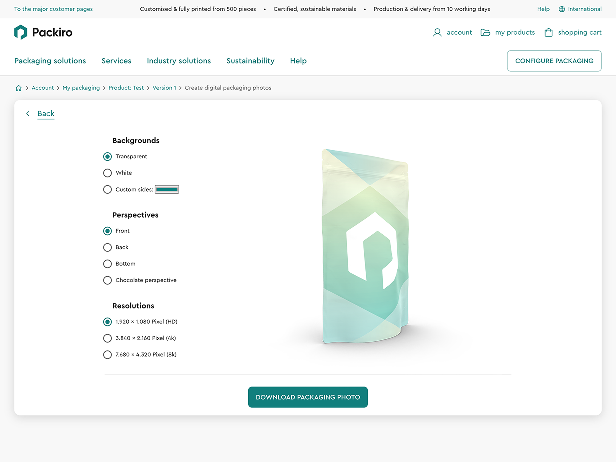 Screenshot of the Packshot tool from Packiro with a stand-up pouch