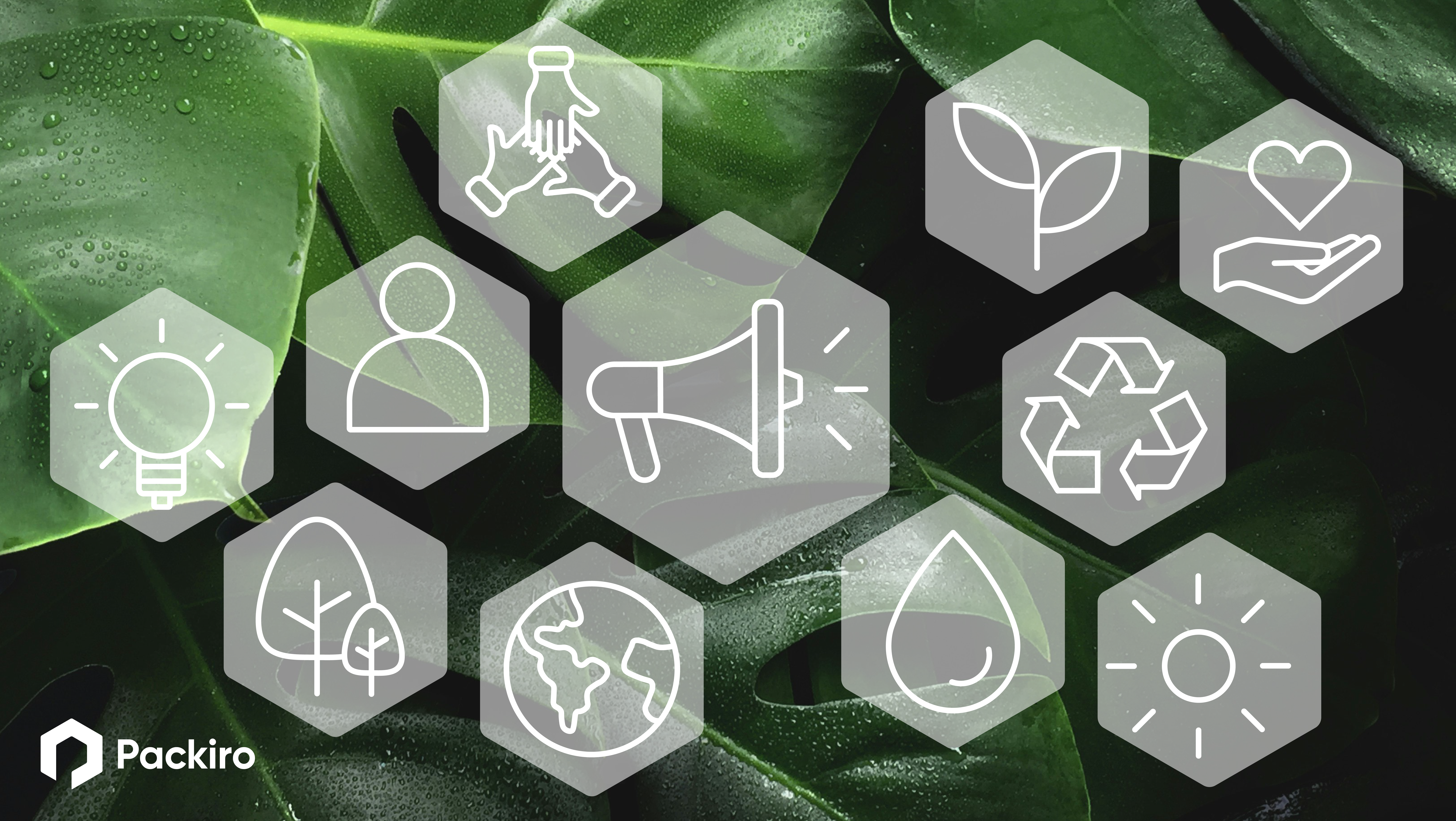 Icons zu Greenmarketing in Kachelform vor grünen Blättern