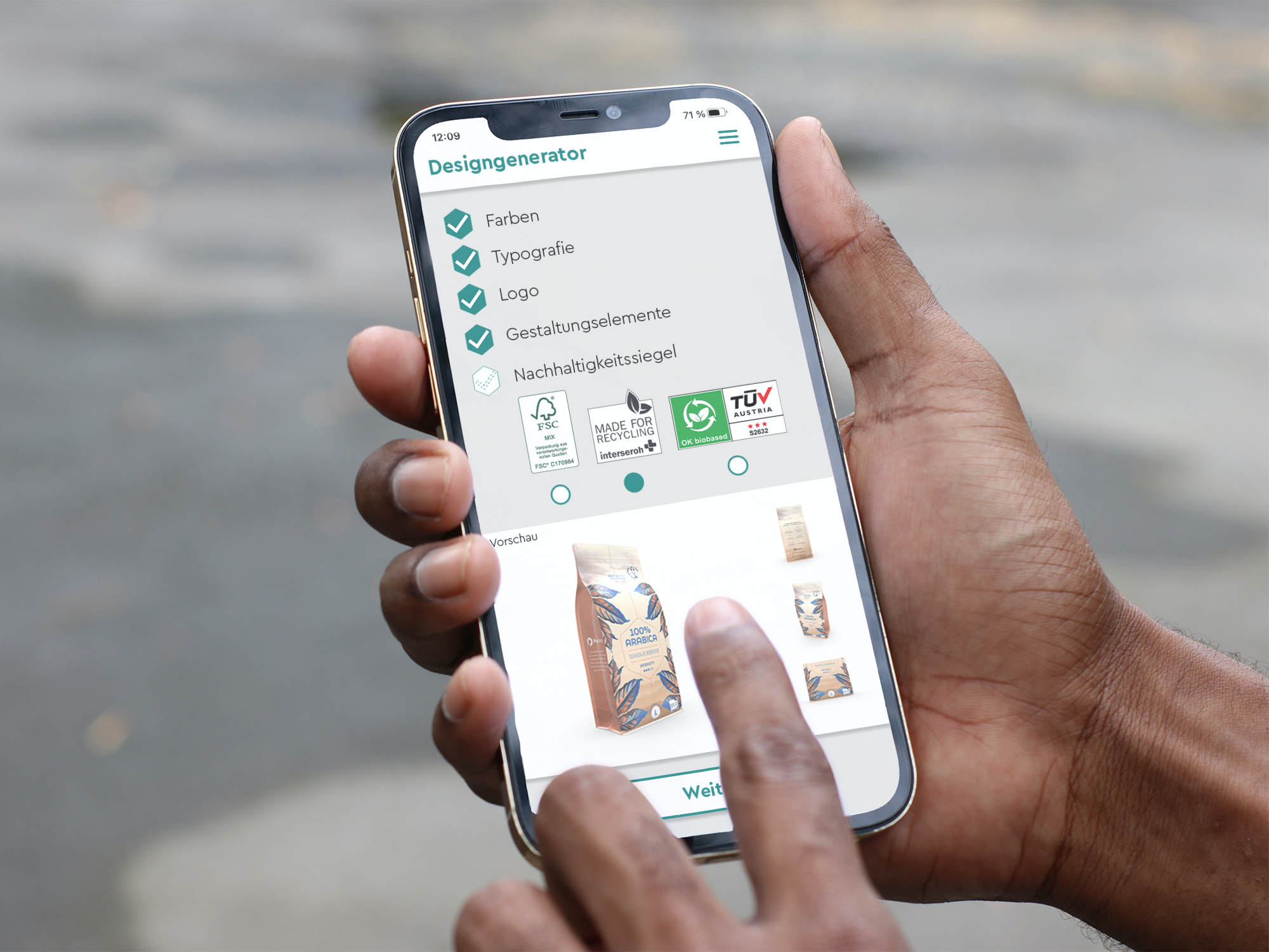 Handy mit einem Designgenerator für Blockbodenbeutel