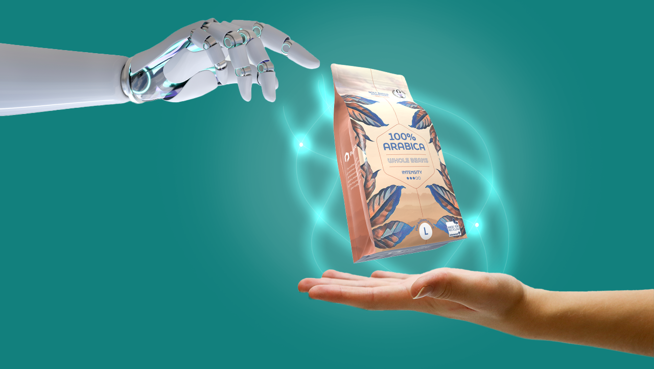 Roboterhand der einen Blockbodenbeutel auf einer menschlichen Hand konstruiert