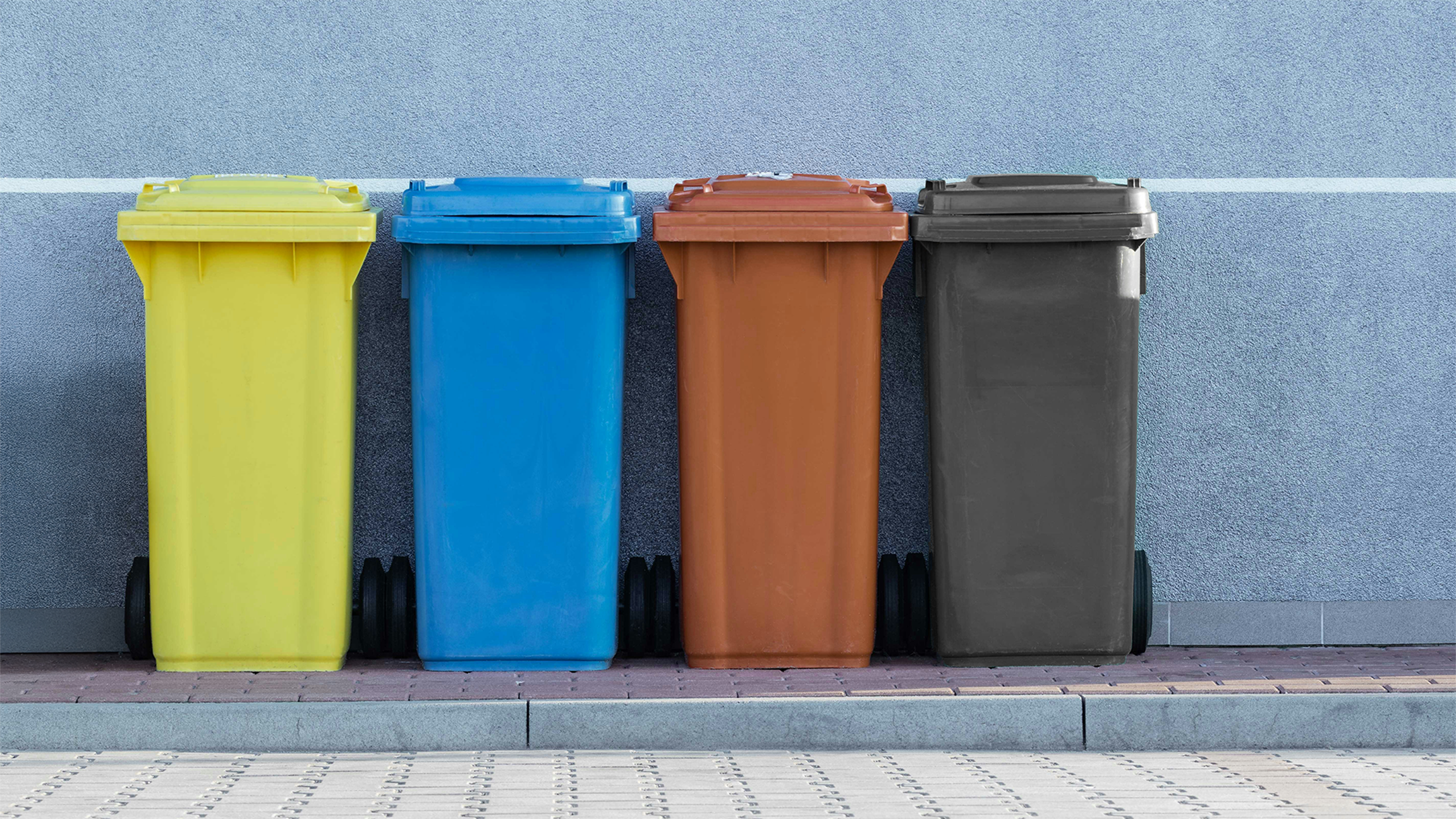 4 Mülltonnen in verschiedenen Farben vor einer blauen Wand
