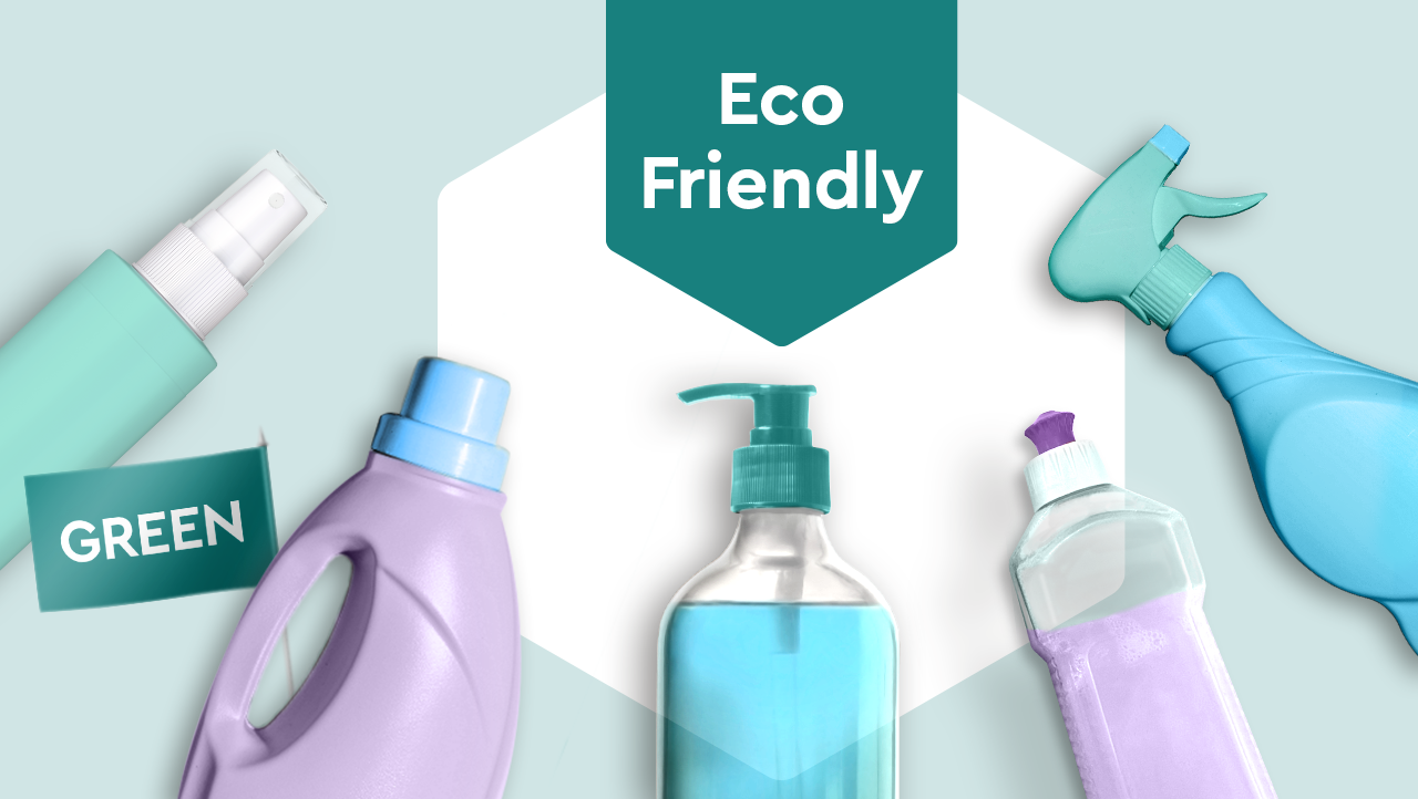 Verschiedene Plastikflaschen und dem Claim "Eco Friendly"