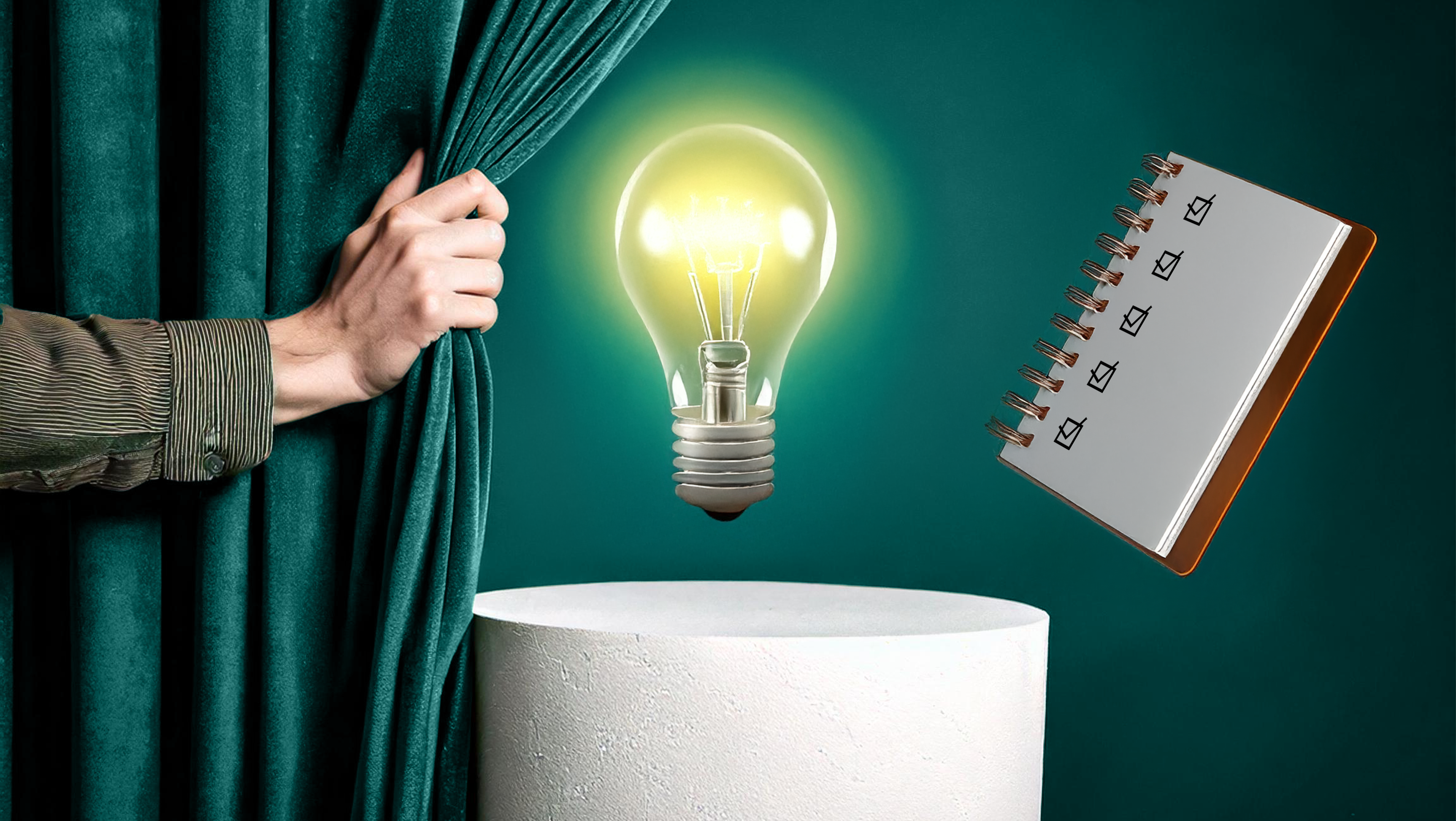 Block mit Checkpunkten für einen Produktlaunch und einer leuchtenden Glühlampe